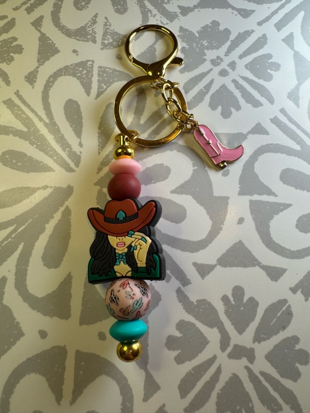 Western Cowgirl Beaded Key & Card Holder Charm in Pink, Teal and Gold